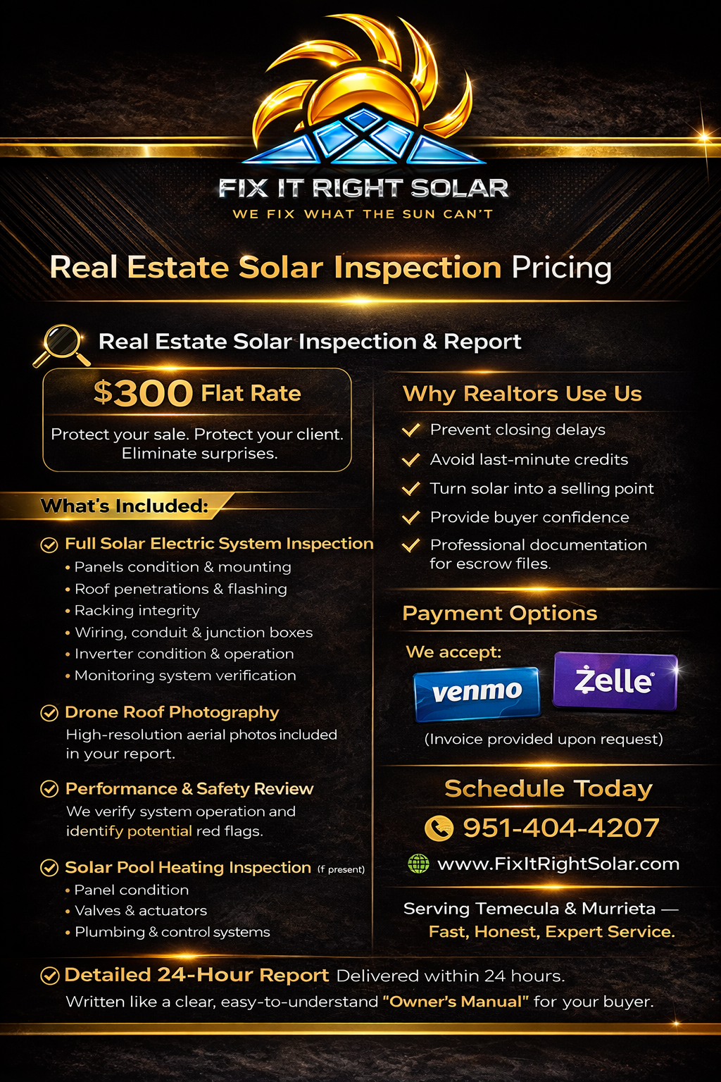 Fix It Right Solar — Real Estate Solar Inspection pricing sheet, $300 flat rate